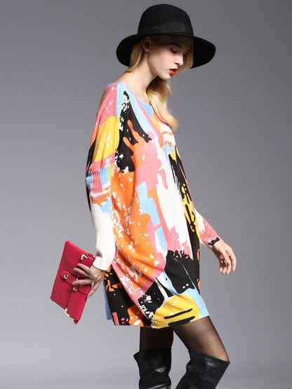 Wool Blend Contrast Color Printed Sweater