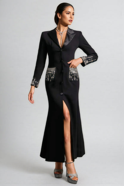 Zeno Deep-v Diamond Suit High Slit Maxi Dress
