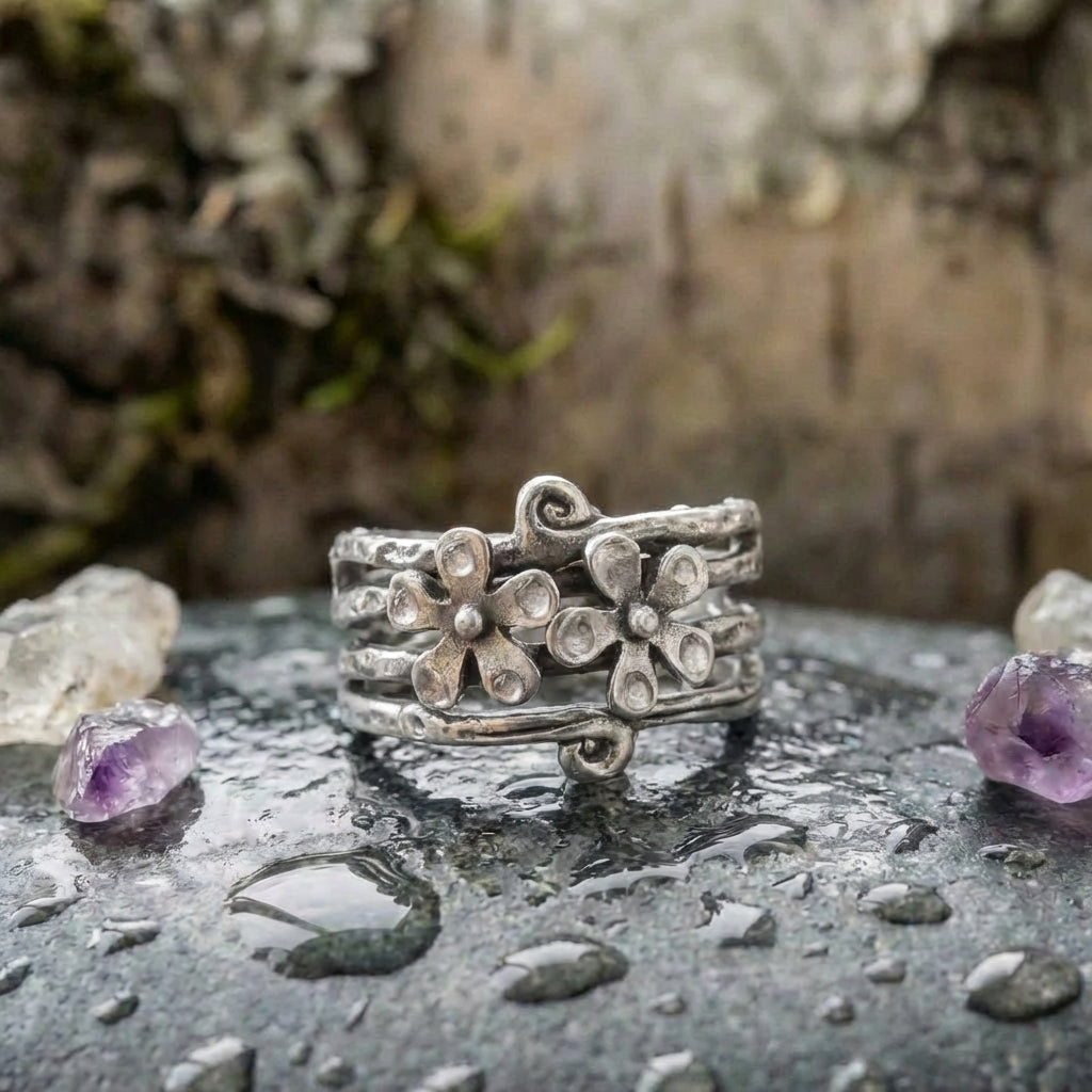 Vintage Flower Silver Layered Ring