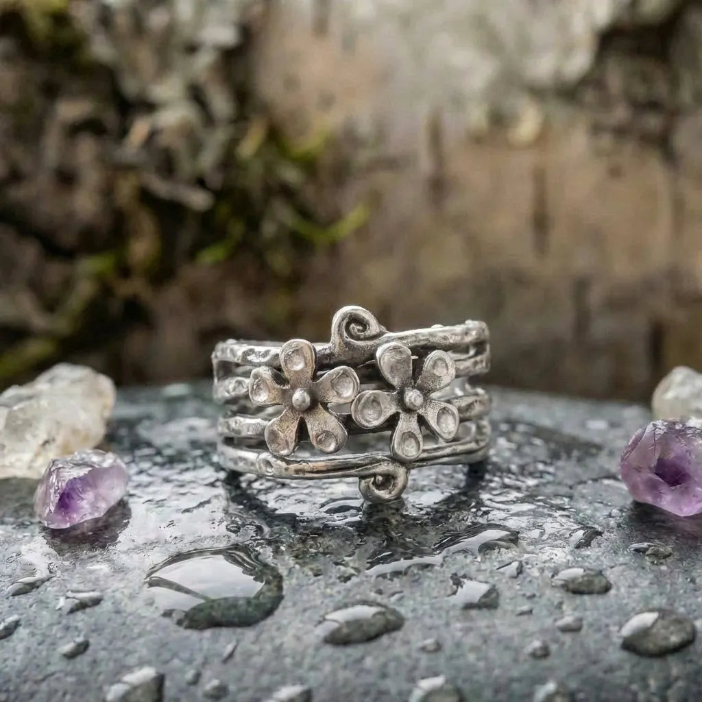 Vintage Flower Silver Layered Ring