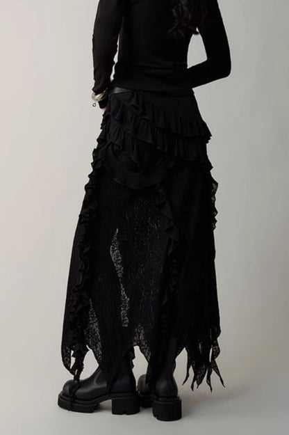 Asymmetric Wool Blend Black White Maxi Skirt