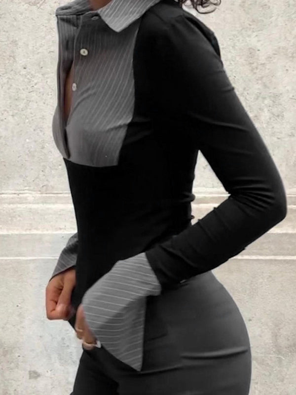 Black Stripe Splice Polo Neck Long Sleeve Blouse