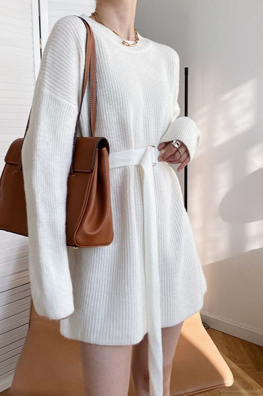 French Style Tie-waist Knit Mini Dress
