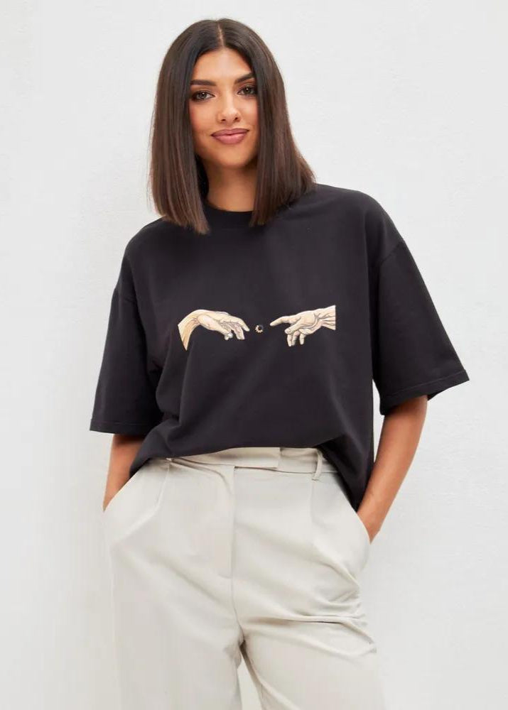 Divine Touch Graphic Tee - Black Oversized Cotton T-shirt