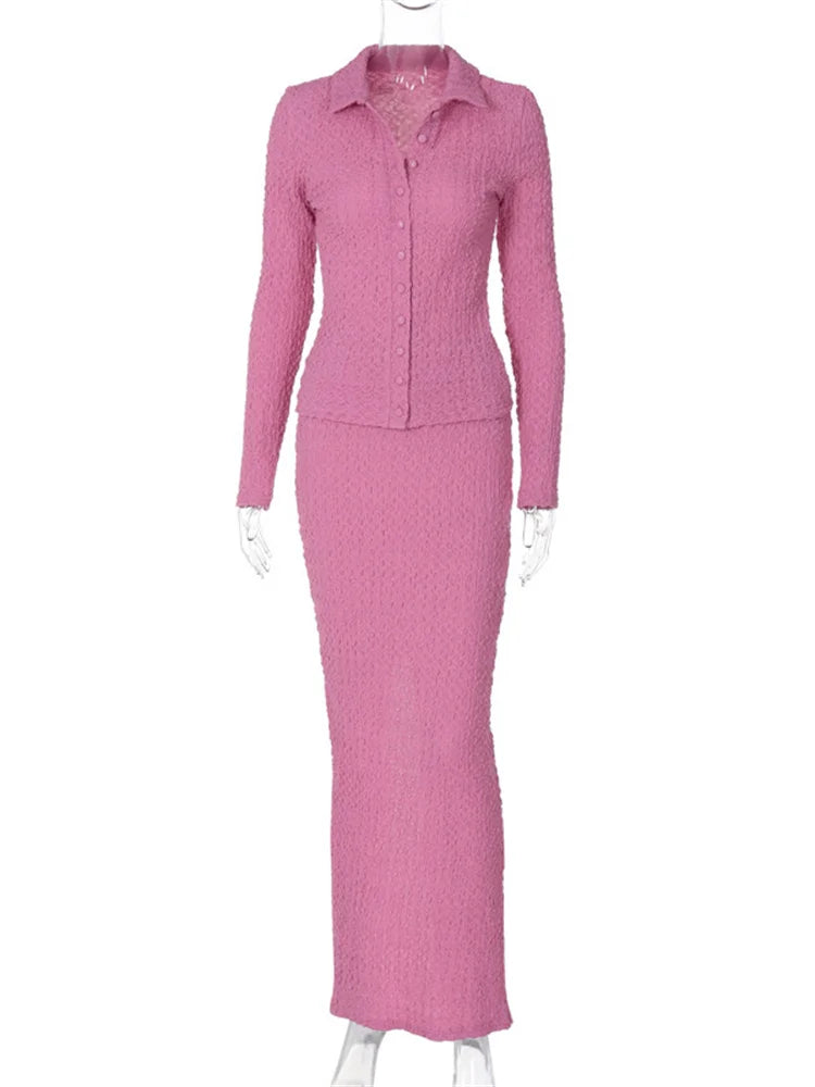 Patchwork 2 Piece-set Maxi Skirt Slim Long Sleeve Cardigan and Long Skirt Sets Autumn Outfits