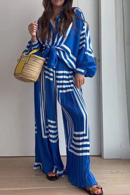 Vacation Attitude Geometric Print Oversized Shirt and Elasticated Wide Leg Pants