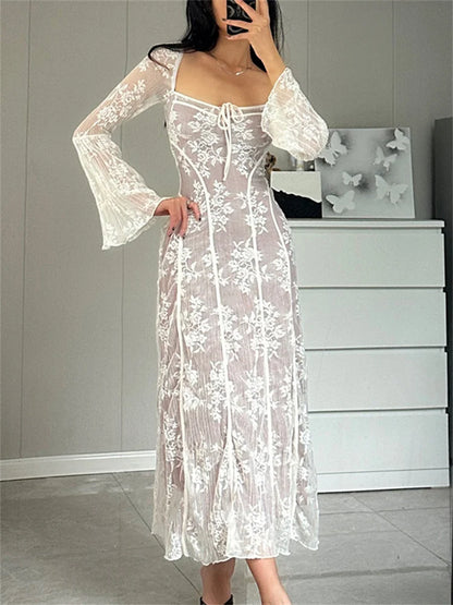See-through Lace-up Lace Dress for Backless Slim Patchwork Printed Long Dress Bandage Party Dress