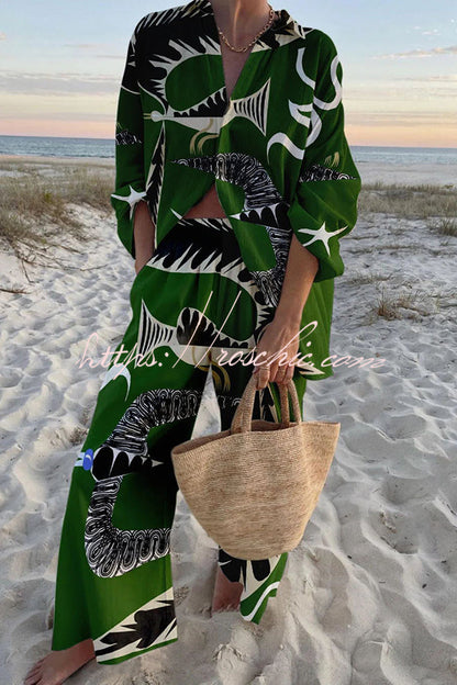 Abstract Winged Bird Print Buttoned Elastic Waist Pocket Pants Suits