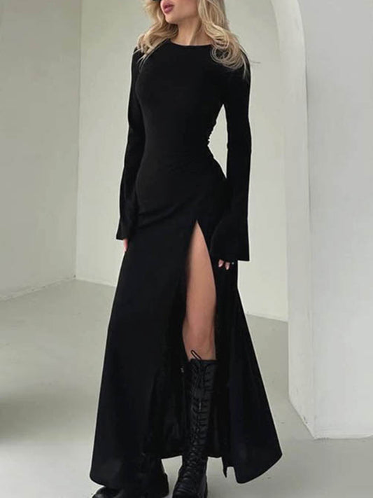 Long Sleeves Loose Asymmetric Color Split-joint Split-side Round-neck Maxi Dresses