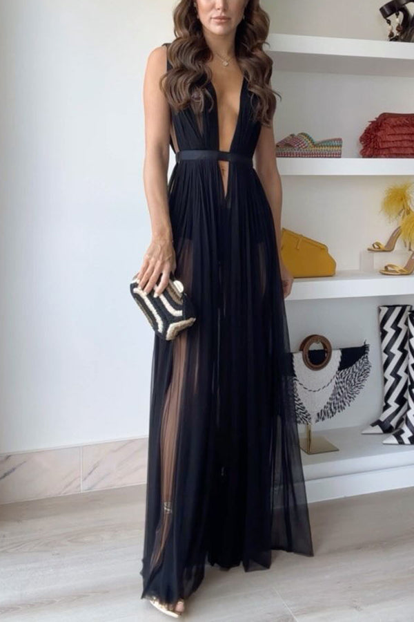 Muse Semi-sheer Tulle Fabric Fixed Back Tie-up Maxi Dress