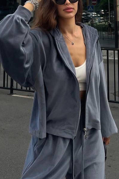Velvet Zip-up Hooded Top and Elastic Waist Wide Leg Pants Set