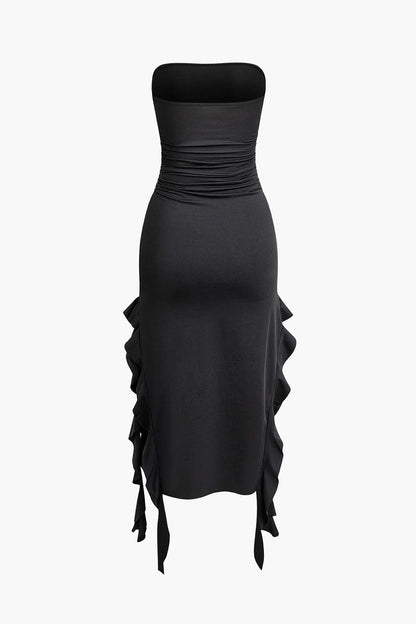 Color French Ruffle Hem Ruched Tube Maxi Dress