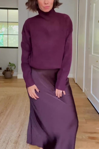 Jaelyn Color Turtleneck Long Sleeve Sweater and Satin Elastic Waist Maxi Skirt Set