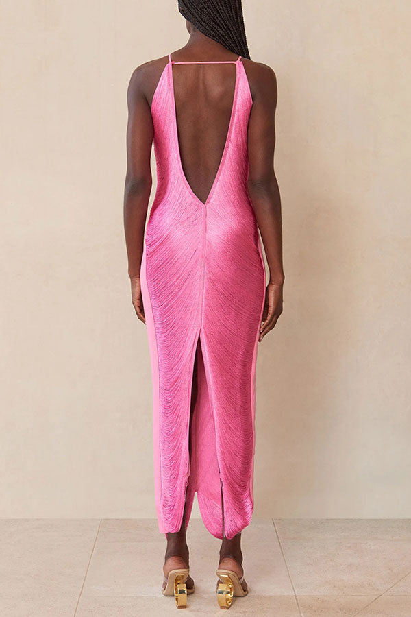 Allnight Metallic Halterneck Backless Fringed Slit Maxi Dress