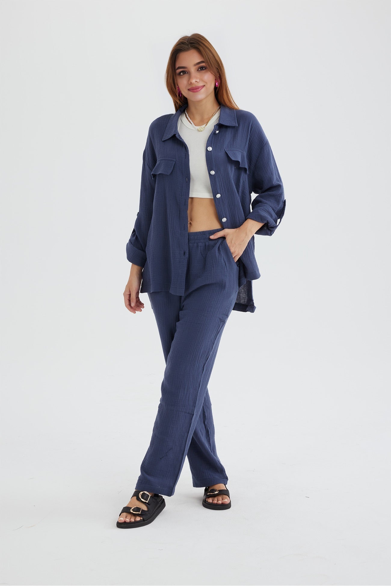Long Sleeve Pocketed Slit Shirt Long Pants Suits