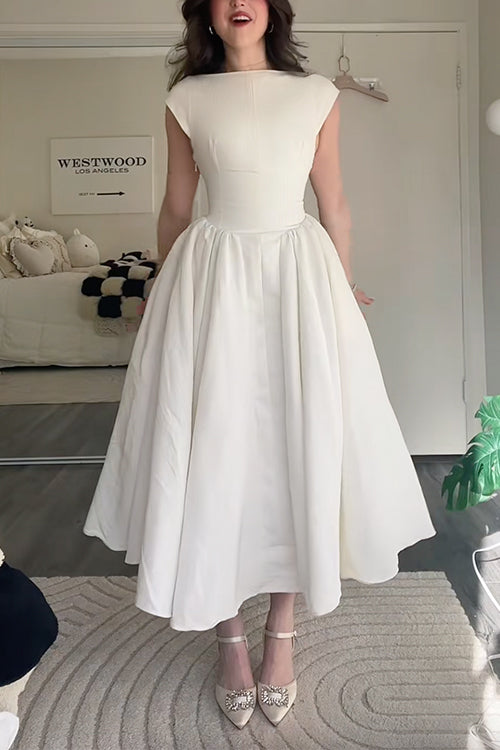 Moxidress Cap Sleeves Open Back Waisted Swing Midi Dress