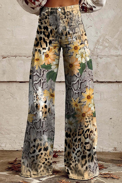 Moxidress Leopard Print Wide Leg Pocketed Pants