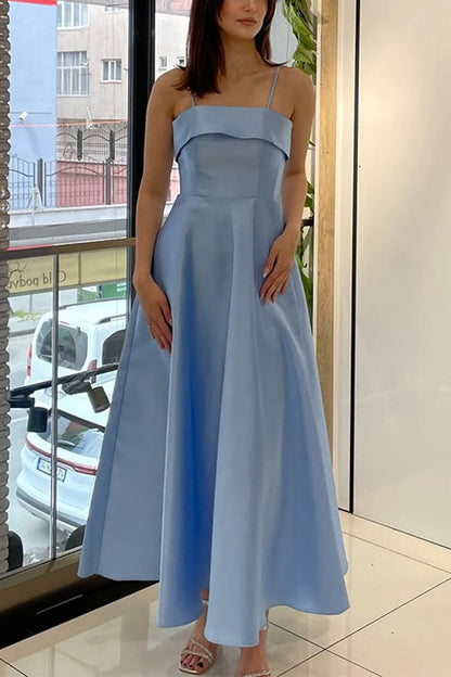 Moxidress Spaghetti Strap Waisted A-line Satin Maxi Dress