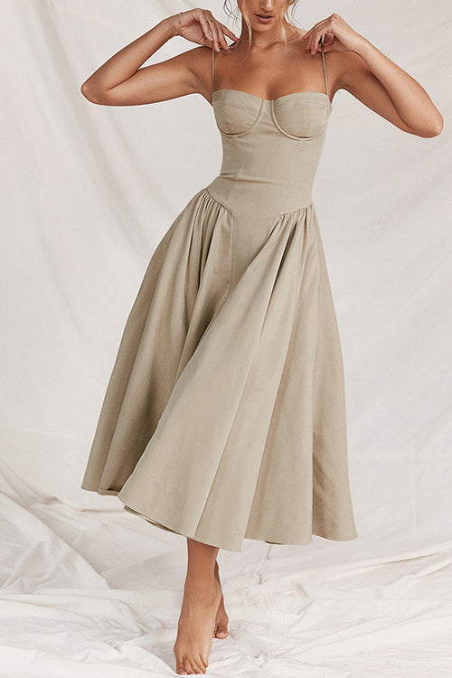 Spaghetti Strap Pocketed Corset Swing Midi Dress