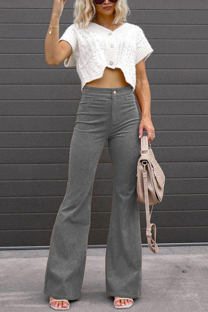 Moxidress One Button Corduroy Flare Pants With Pockets