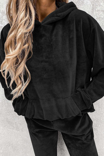 Velour Color Hoodie Long Pants Set