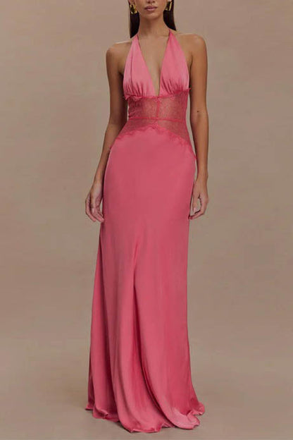 Halter Patchwork Backless Maxi Dress
