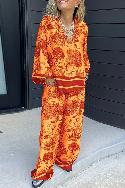 Moxidress Lapel V Neck Long Sleeves Shirt Wide Leg Pants Printed Set