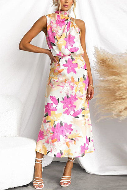 Mockneck Sleeveless Print Satin Maxi Dress