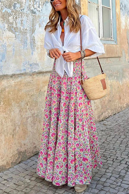 Frilled Elastic Waist Bohemia Maxi Flowy Skirt