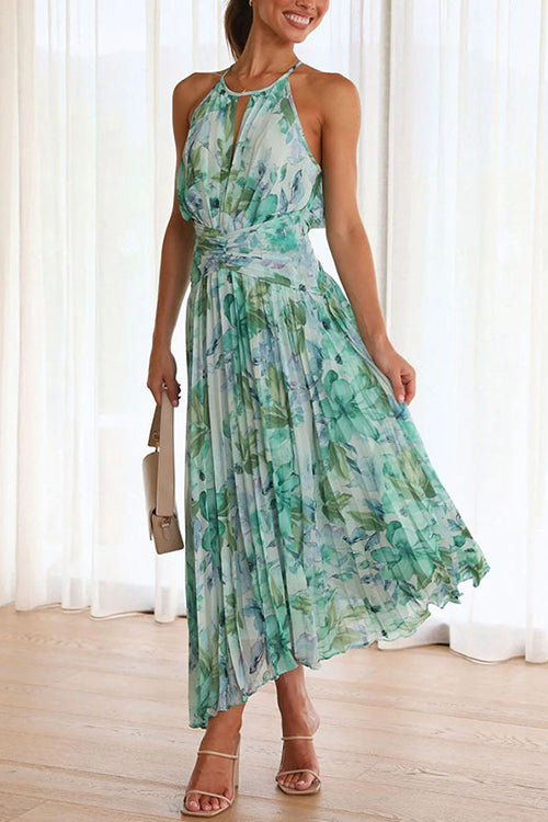 V Neck Waisted Cut Out Pleated Maxi Dress