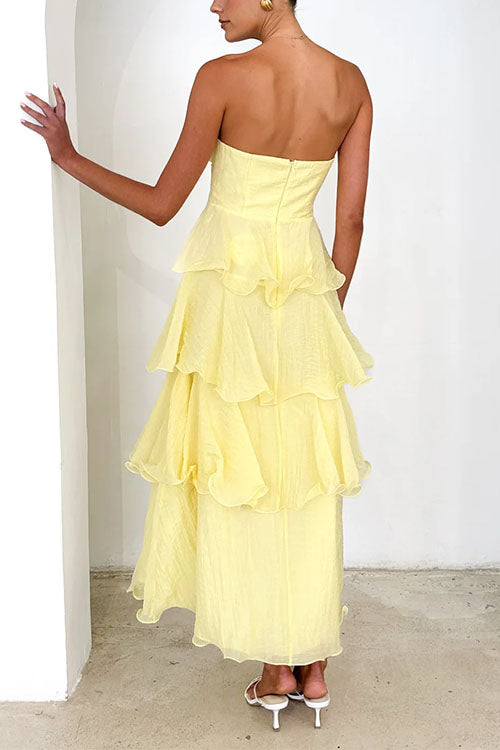 Strapless Empire Waist Ruffle Layered Maxi Dress