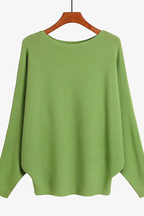 Boat Neck Batwing Sleeves Ribbed Knit Sweater