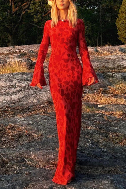Moxidress Bell Long Sleeves Print Maxi Dress