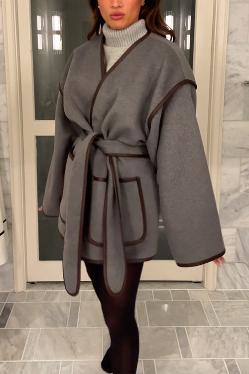 Moxidress Open Front Pocketed Splice Coat With Belt