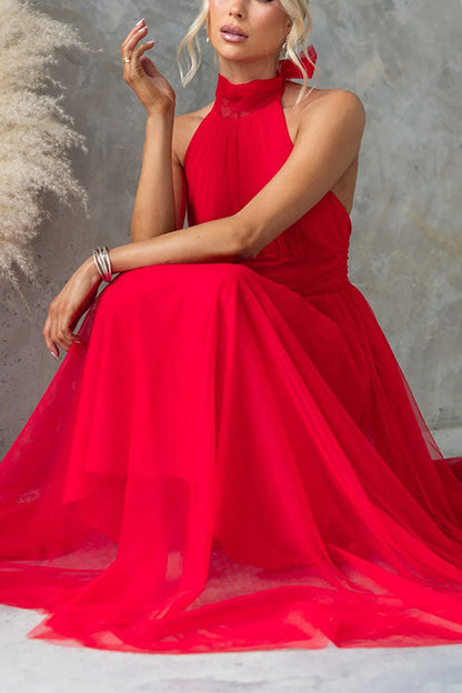 Moxidress Bow Knot Halter Open Back Tulle Maxi Dress