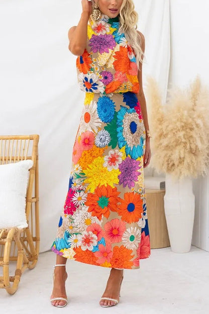 Sleeveless Tie Neck Waisted Print Maxi Dress