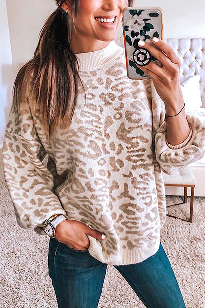 Crewneck Drop Shoulder Leopard Slouchy Sweater