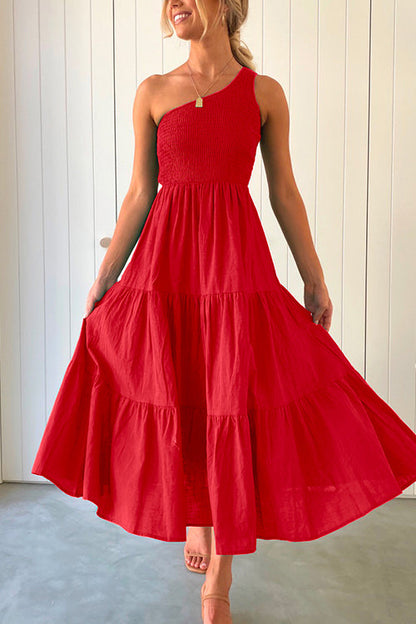 One Shoulder Sleeveless Smocked Ruffle Tiered Maxi Dress