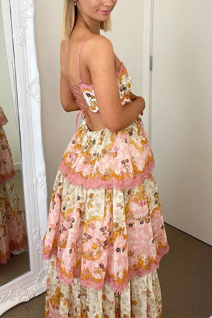 Spaghetti Strap Back Lace-up Ruffle Layered Print Maxi Dress