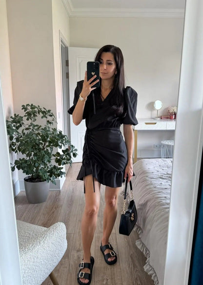 Puff Sleeve Wrap Dress With Ruffle Hem