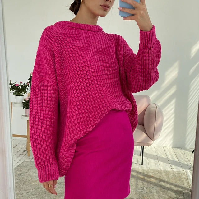 Autumn Waffle Knit Oversized Green Sweater Long Sleeve Loose Thickening Pullovers Female Knitted Tops