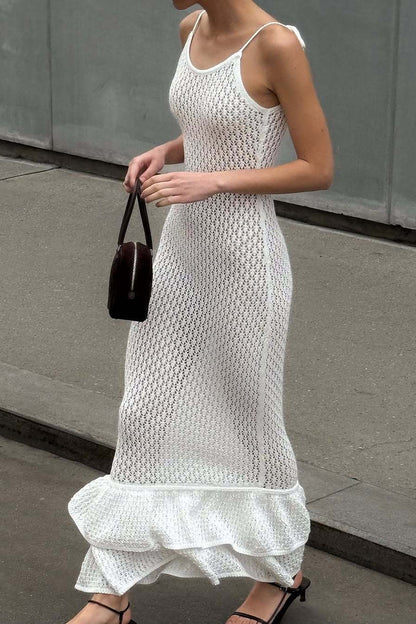 Ruffle Knit Cutout Sheer Cami Maxi Dress