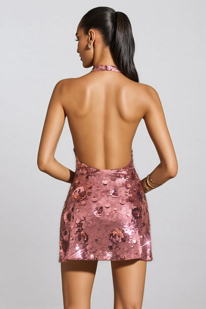 Daxte Pink Sequin Halterneck Mini Dress