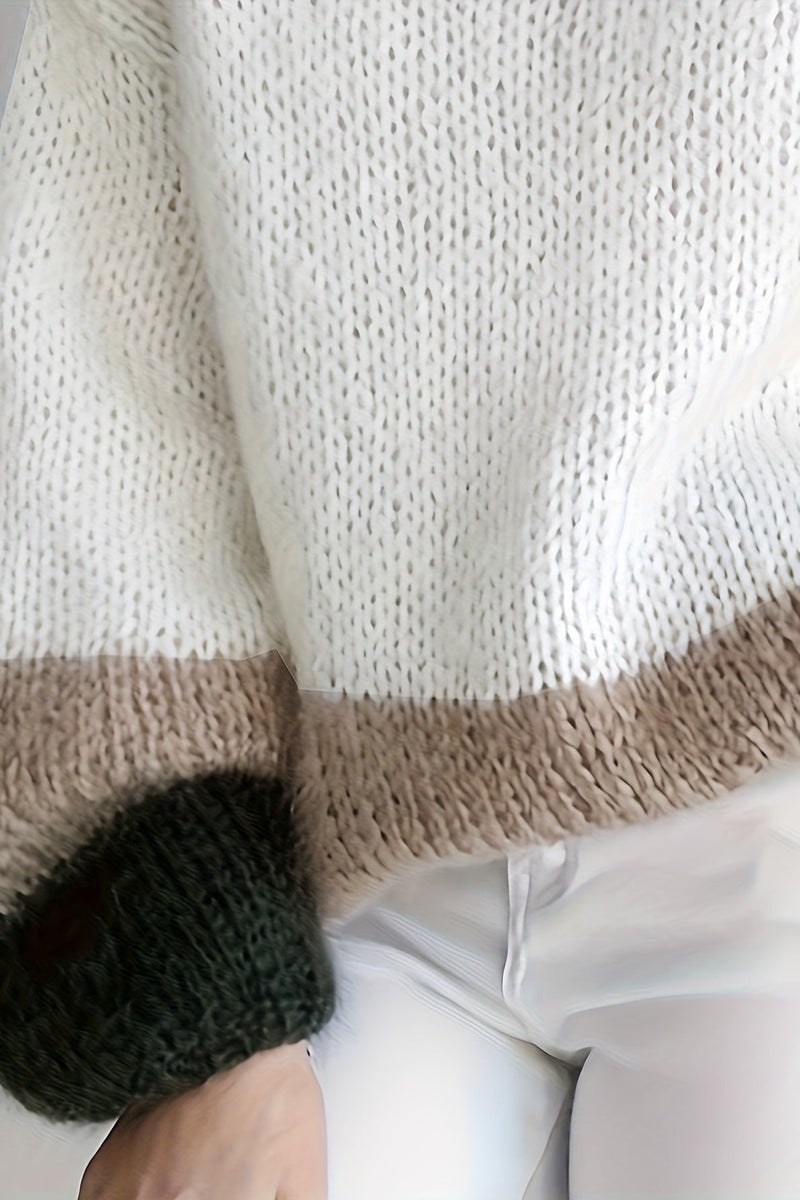 Soft Colorblock Crew Neck Puffy Knit Sweater