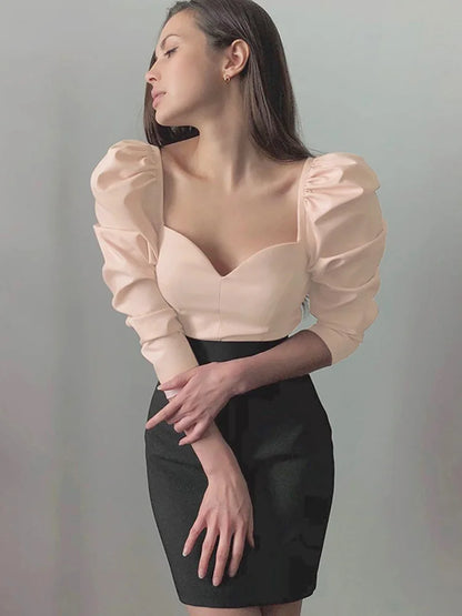 Special Offer Korean Autumn Color New Shirts Puff Sleeve Square Small V-neck Slim Blouse