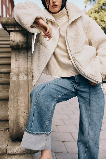 Color Stitching High Collar Long Sleeve Loose Pocket Woolen Coat