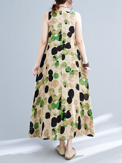 Loose Sleeveless Printed Split-joint Round-neck Maxi Dresses