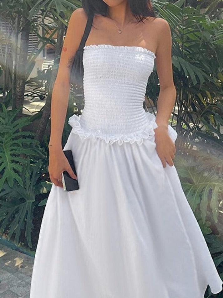 White Off Shoulder Shirred Tube Maxi Dress