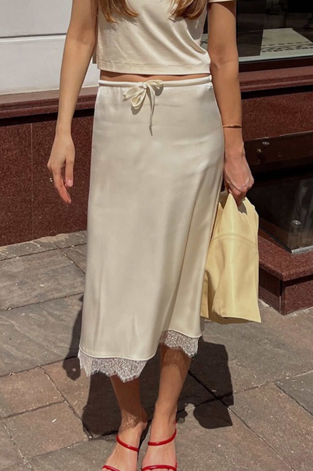 Lace Trim Tie Waist Midi Skirt