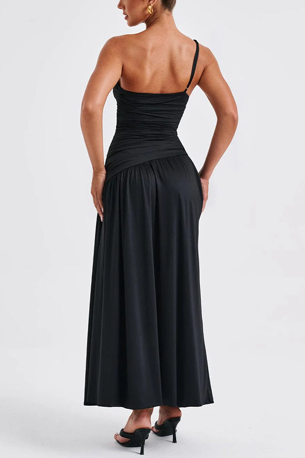 One-shoulder Strap Gathered Slim Fit Slit Maxi Dress